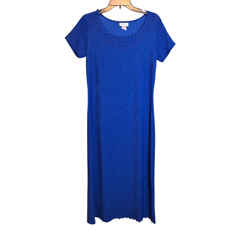 Vintage Hypnotic Womens Eyelet Party‎ Evening Plissé Maxi Dress Royal Blue Small